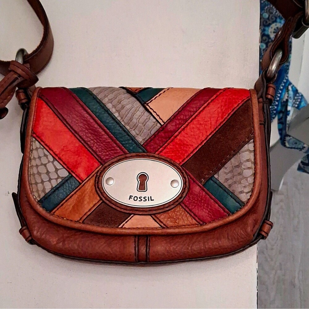 Fossil Multicolor Colorblock Crossbody Bag Turn Lock Silver Hardware Stitching